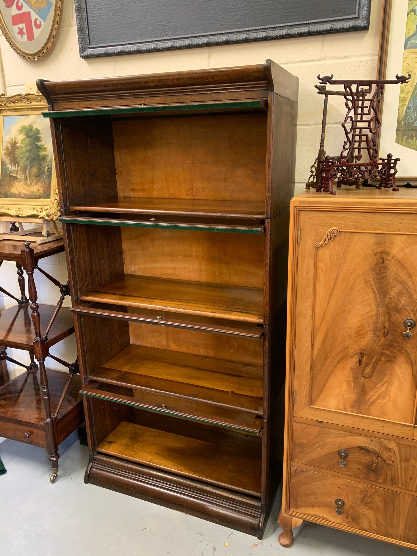 Antique Gunn, Four Stack Waterfall Oak Sectional Barristers Bookcases