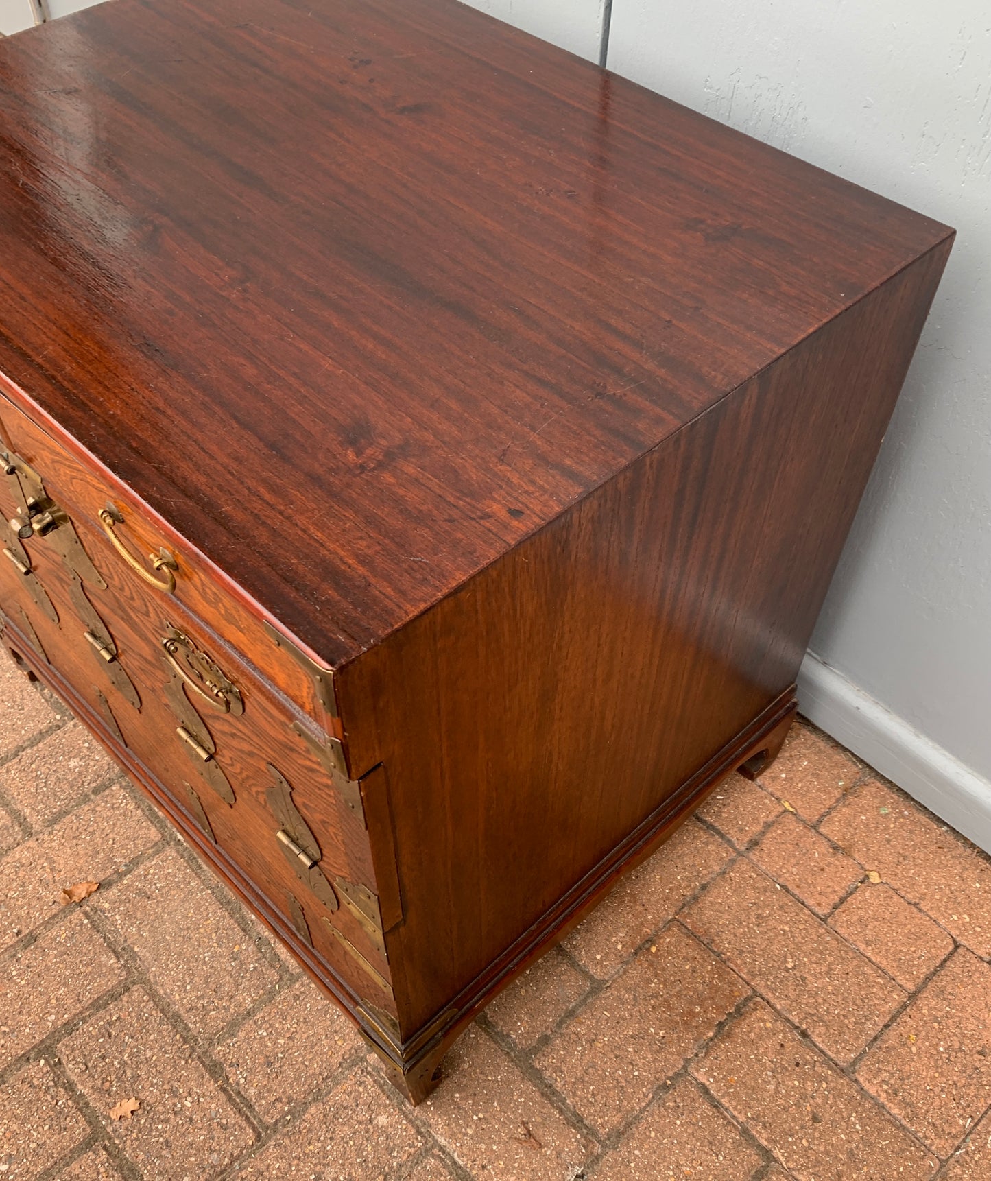 Antique Korean Bandaji / Tansu Chest with Working Fish Lock and Hanji Calligraphy Lining