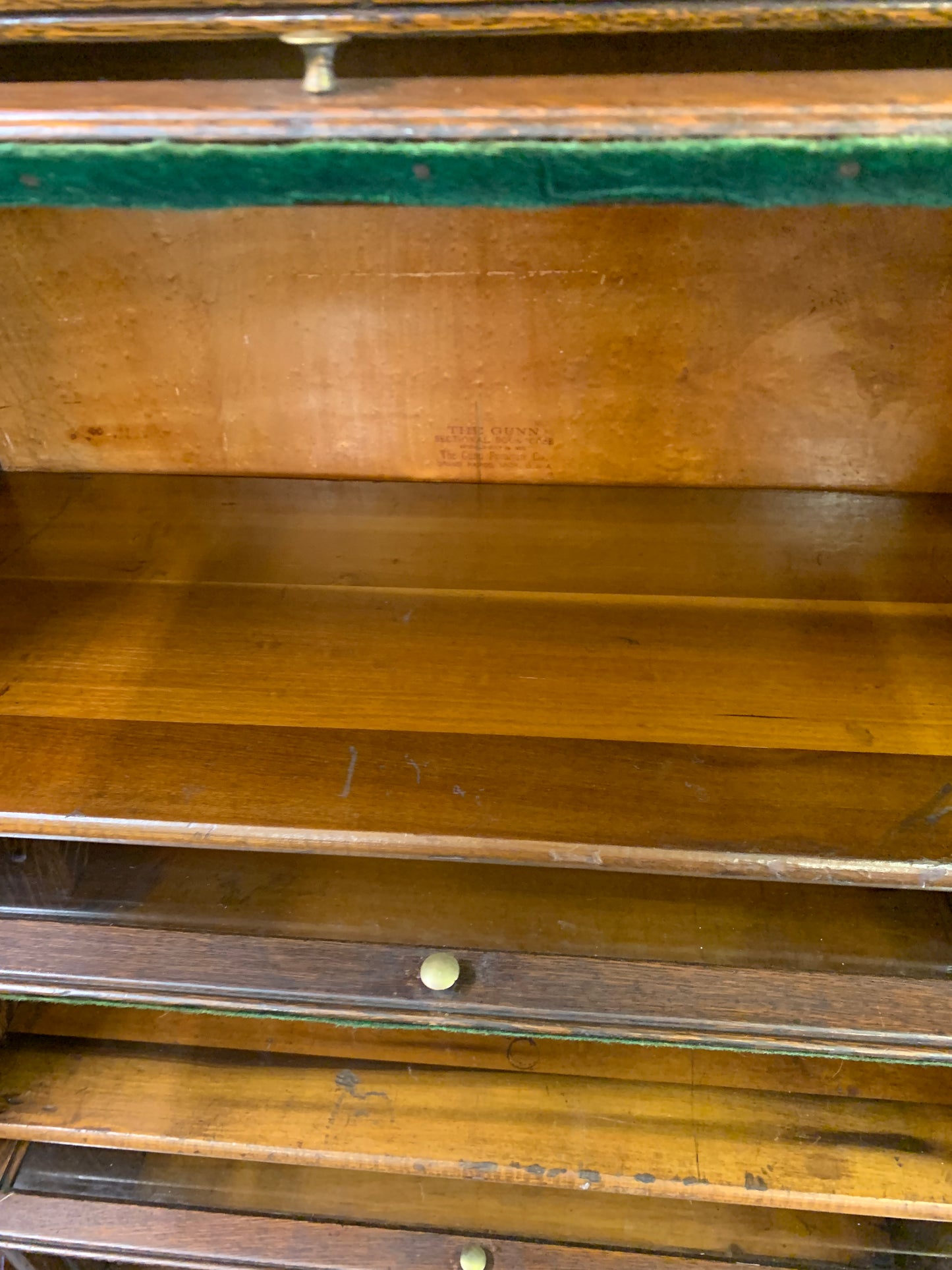 Antique Gunn, Four Stack Waterfall Oak Sectional Barristers Bookcases