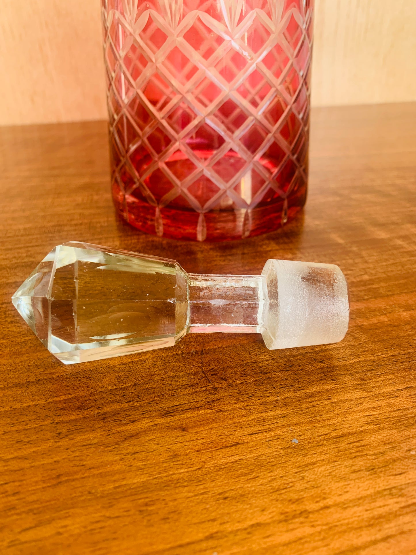 Vintage Cranberry Glass Decanter - Heavy Cut Crystal Diamond Design