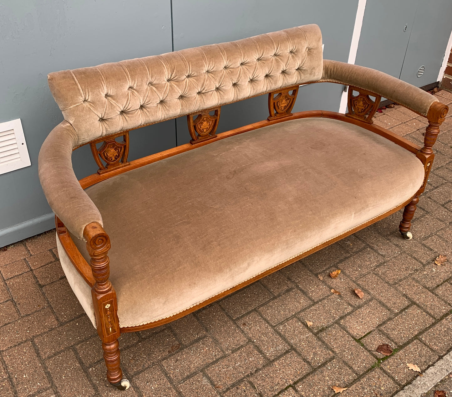 Victorian Walnut Parlour Two Seater Settee on Castors, Marquetry Inlay