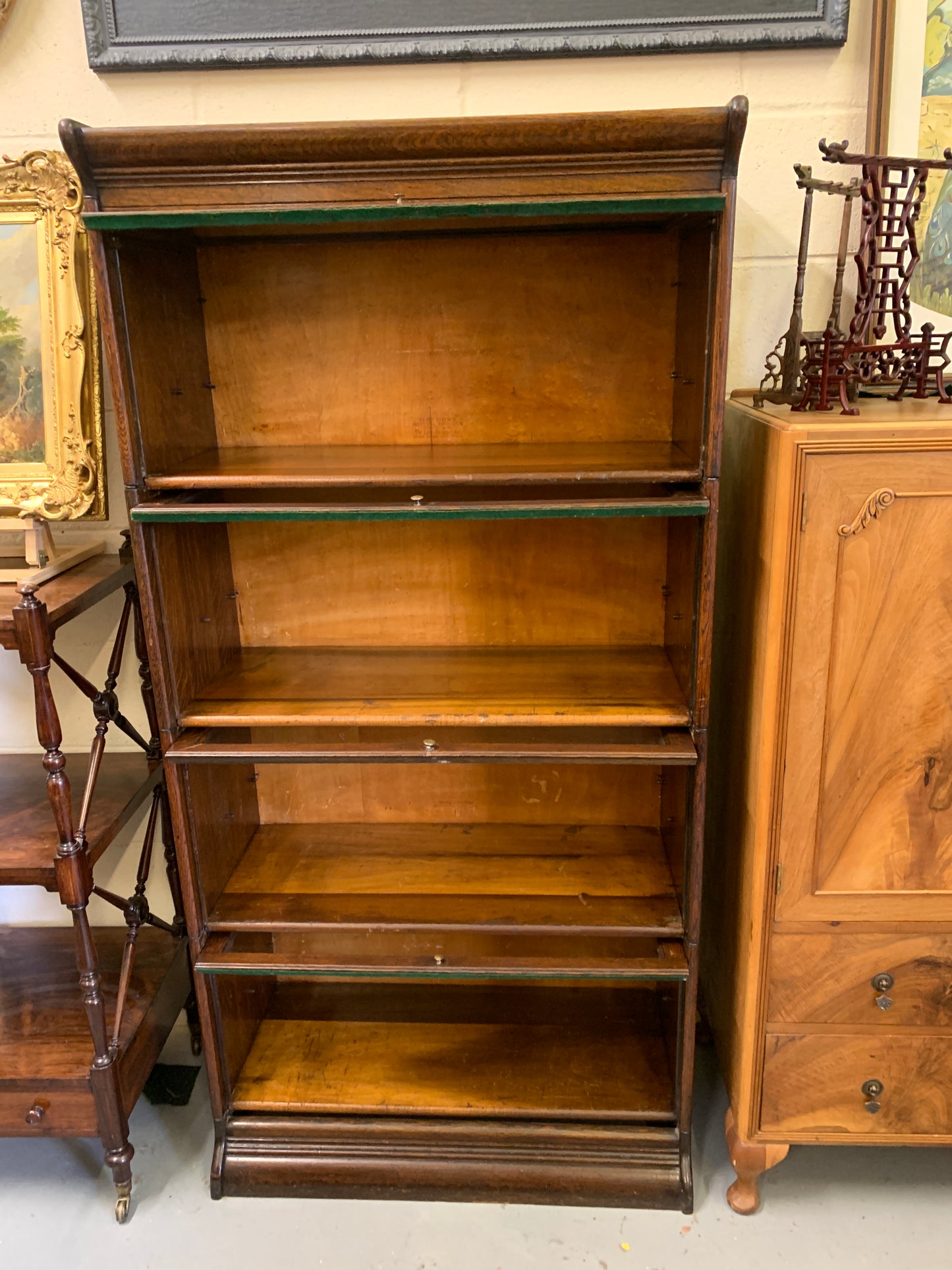 Antique Gunn, Four Stack Waterfall Oak Sectional Barristers Bookcases