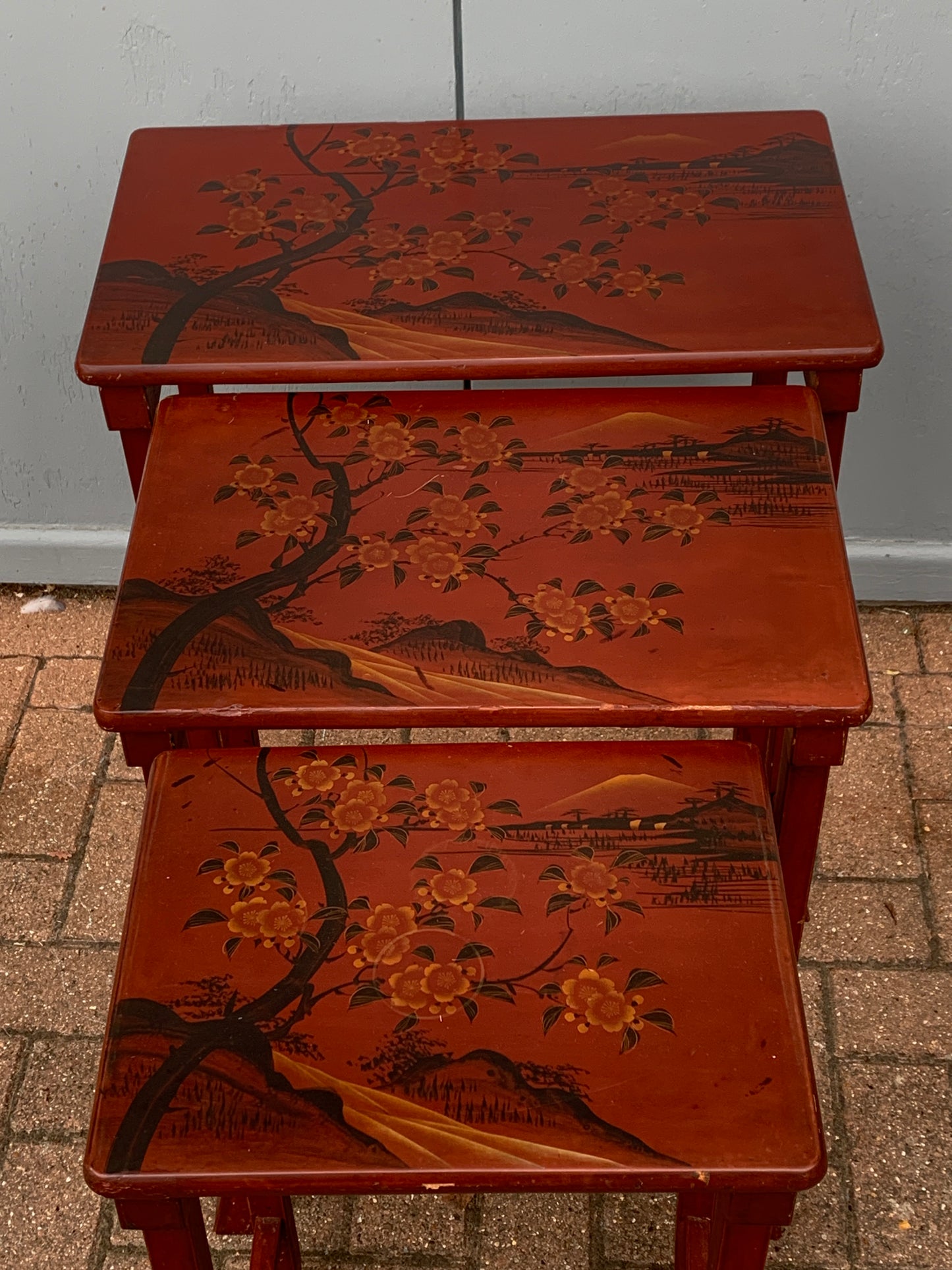 Antique Nest of 3 Occasional Side Tables, Oriental, Japanned, Victorian, C.1900