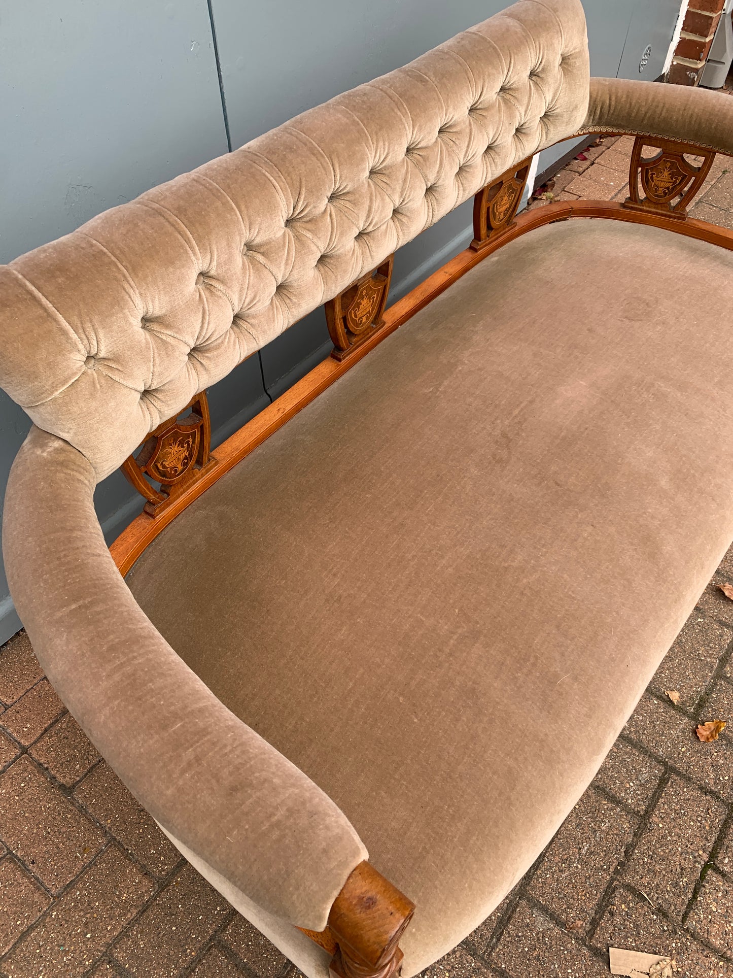 Victorian Walnut Parlour Two Seater Settee on Castors, Marquetry Inlay