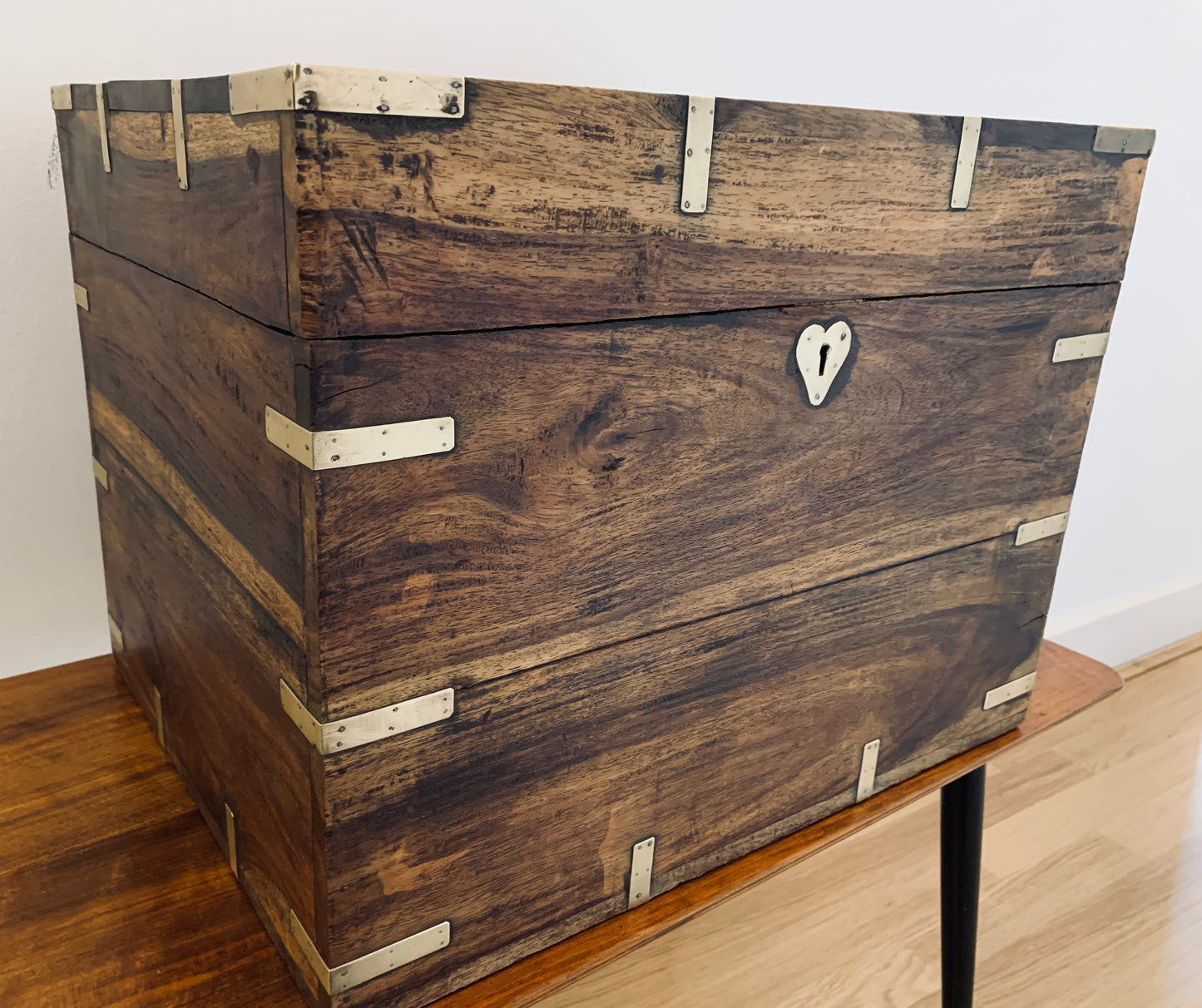 19th Victorian Brass Bound Teak Wood Campaign Chest, Liquor Box