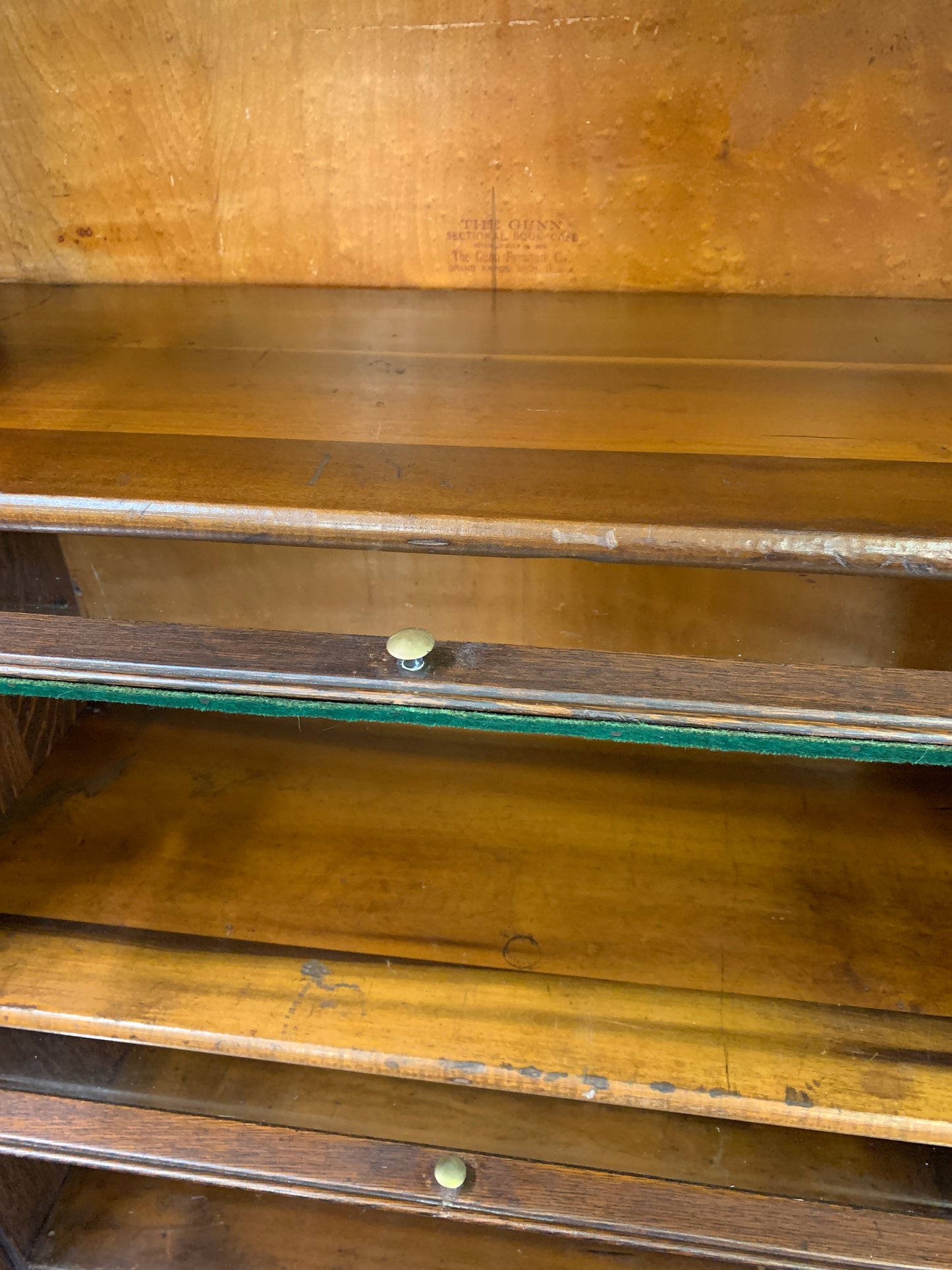 Antique Gunn, Four Stack Waterfall Oak Sectional Barristers Bookcases