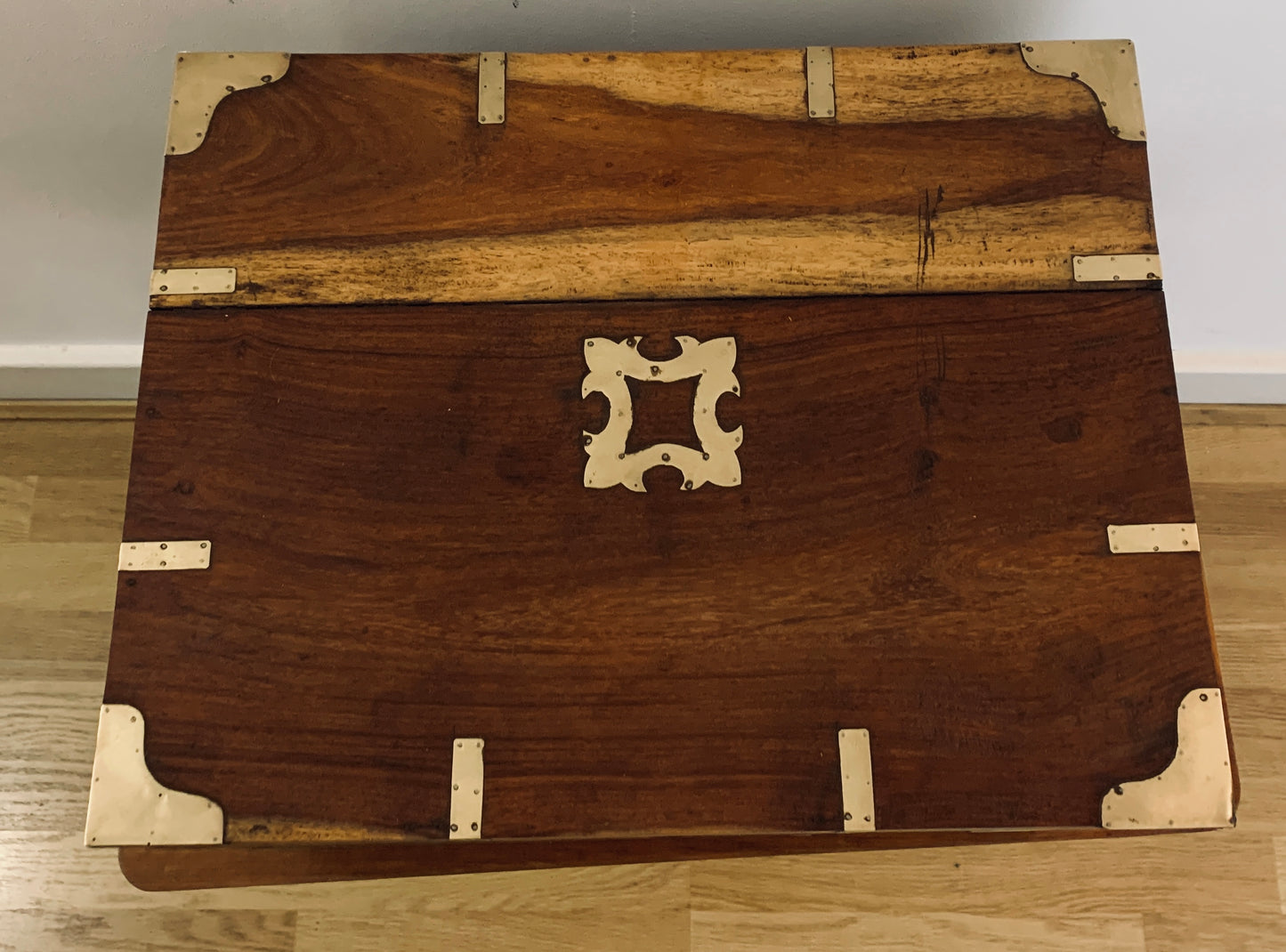 19th Victorian Brass Bound Teak Wood Campaign Chest, Liquor Box