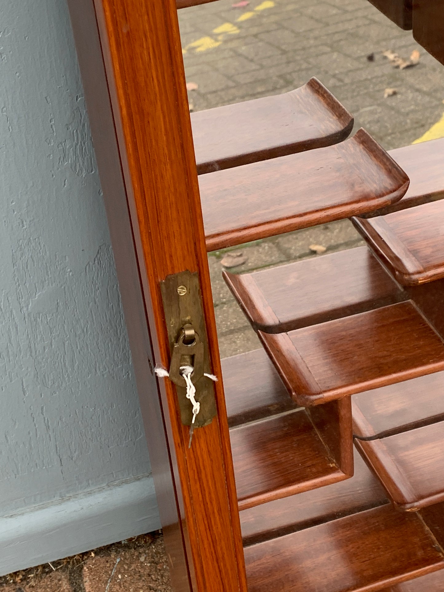 Oriental Hardwood 'Puzzle' Display Cabinet with Mirrored Back with Lock & Key.