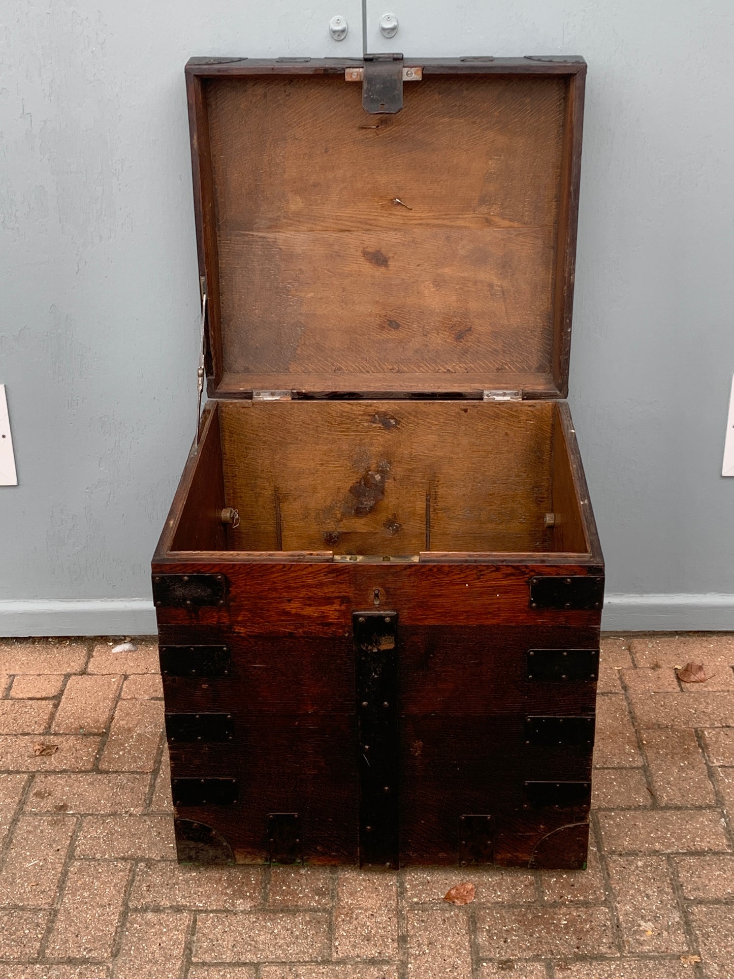 Antique English, Oak and Bound Iron Storage Trunk, Silver Chest, Campaign Chest, c 1800's.