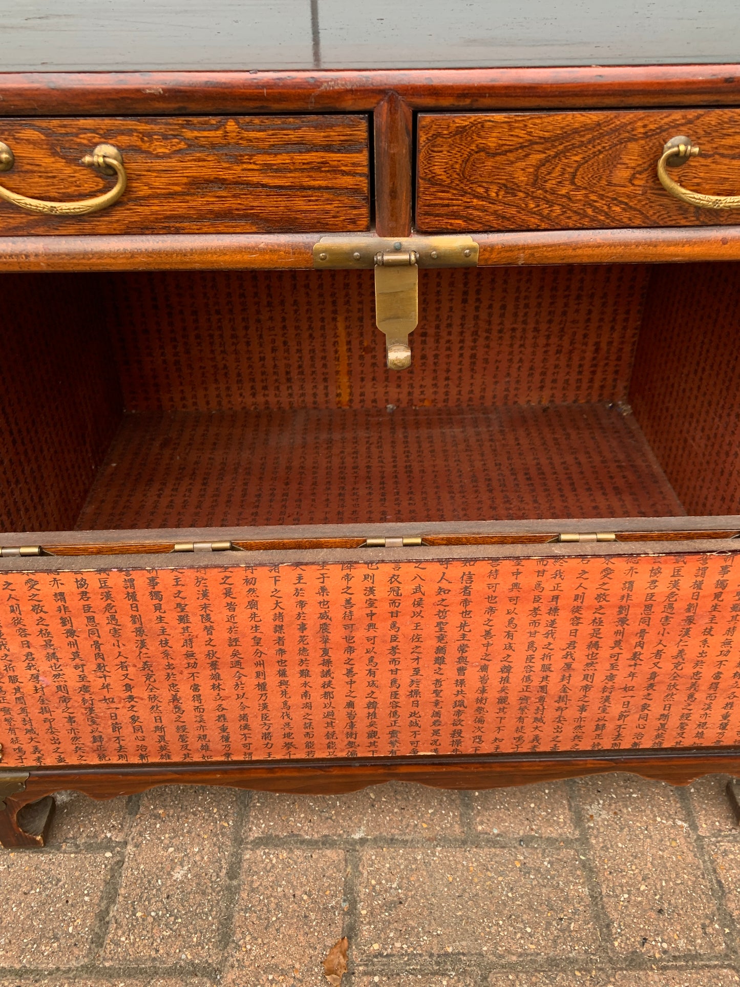 Antique Korean Bandaji / Tansu Chest with Working Fish Lock and Hanji Calligraphy Lining