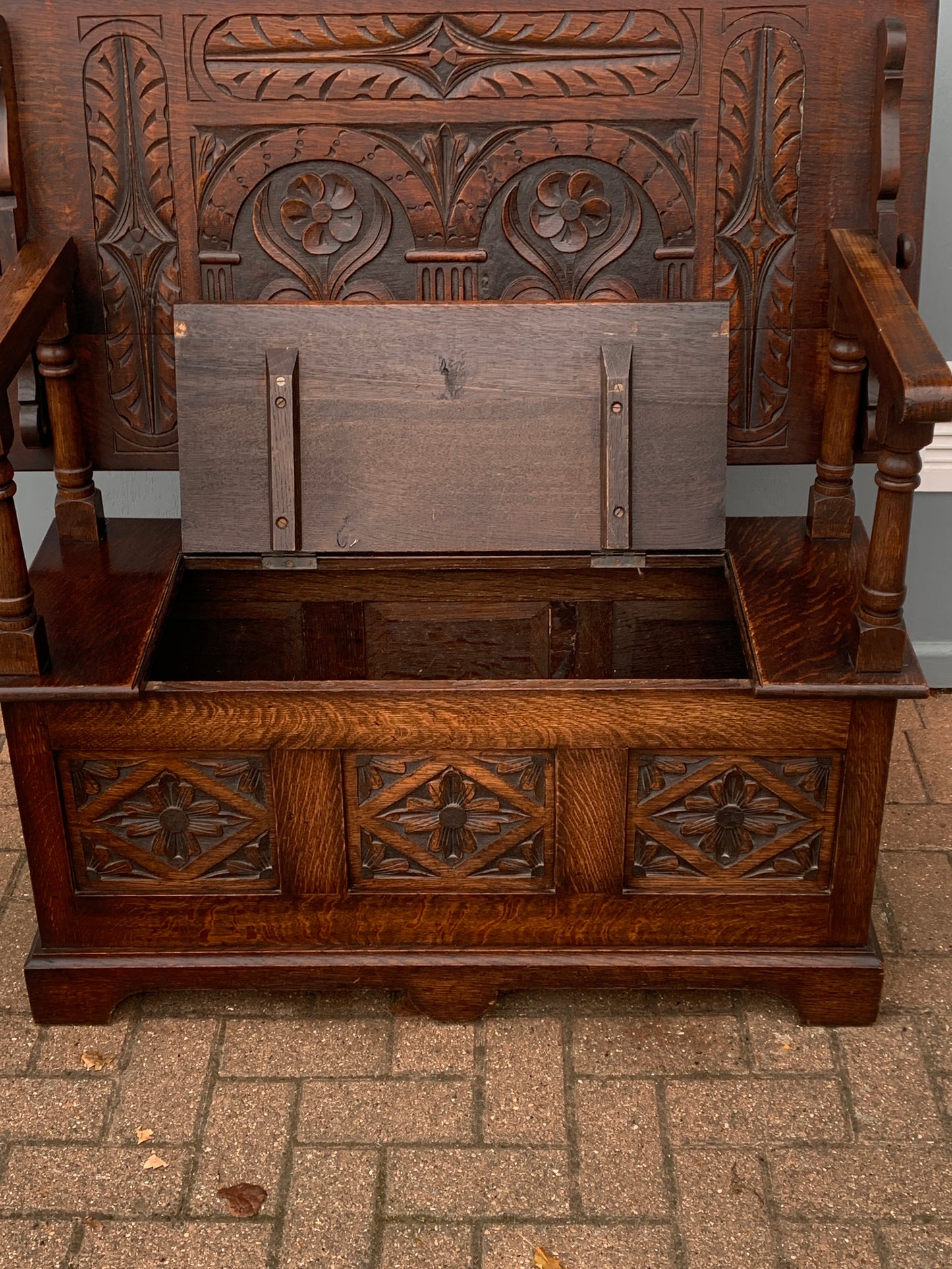 Victorian Solid Carved Oak Monks Bench, 1800's Settle