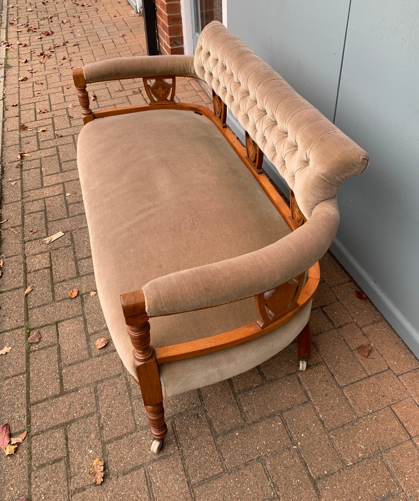 Victorian Walnut Parlour Two Seater Settee on Castors, Marquetry Inlay
