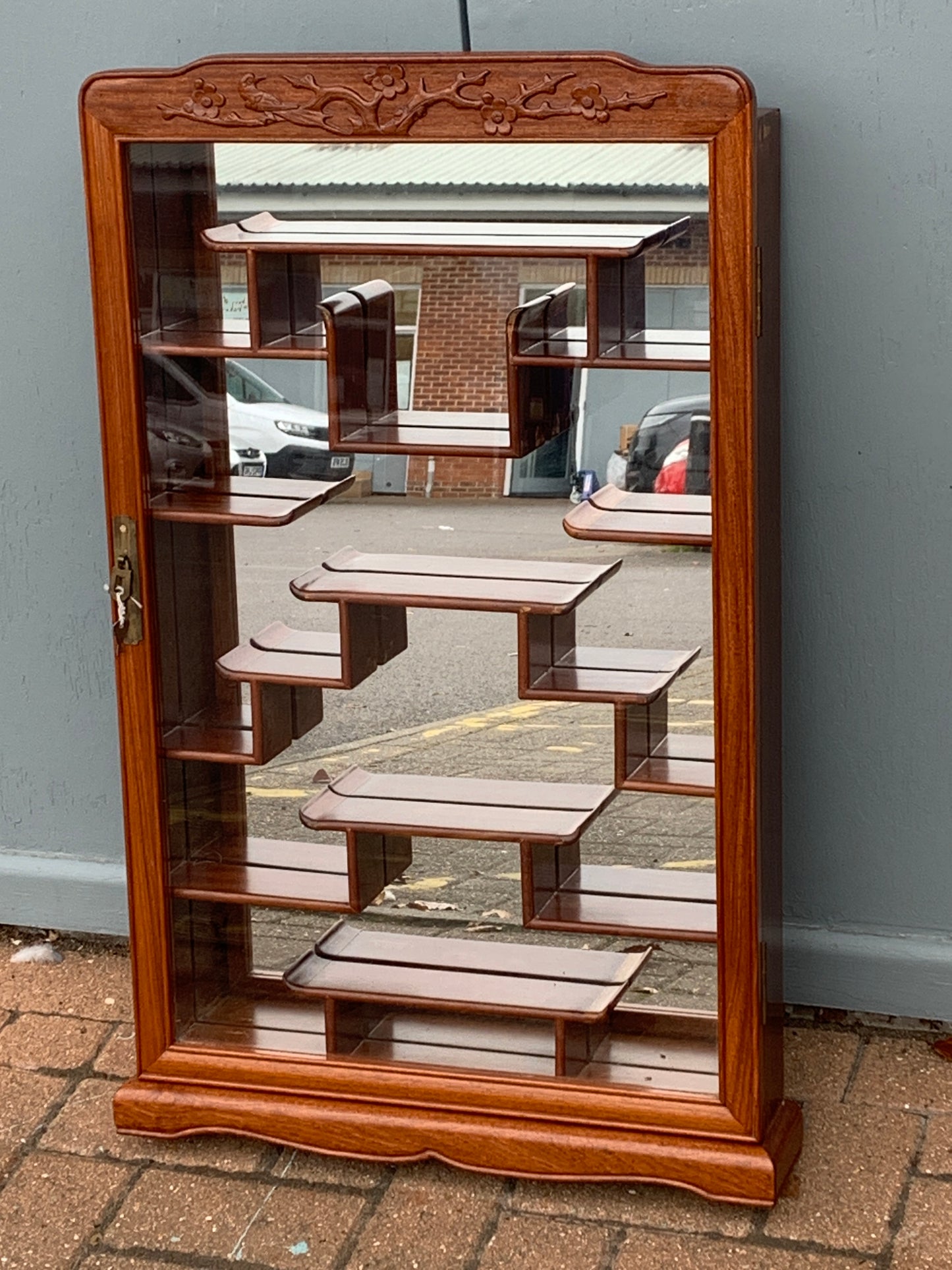 Oriental Hardwood 'Puzzle' Display Cabinet with Mirrored Back with Lock & Key.