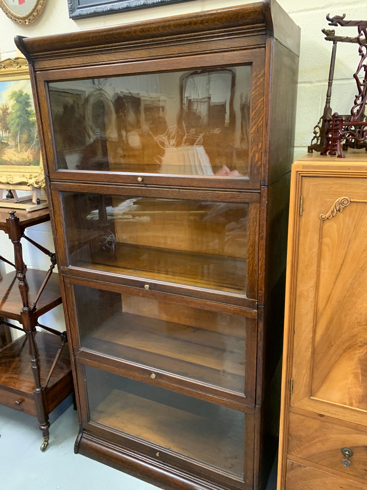 Antique Gunn, Four Stack Waterfall Oak Sectional Barristers Bookcases