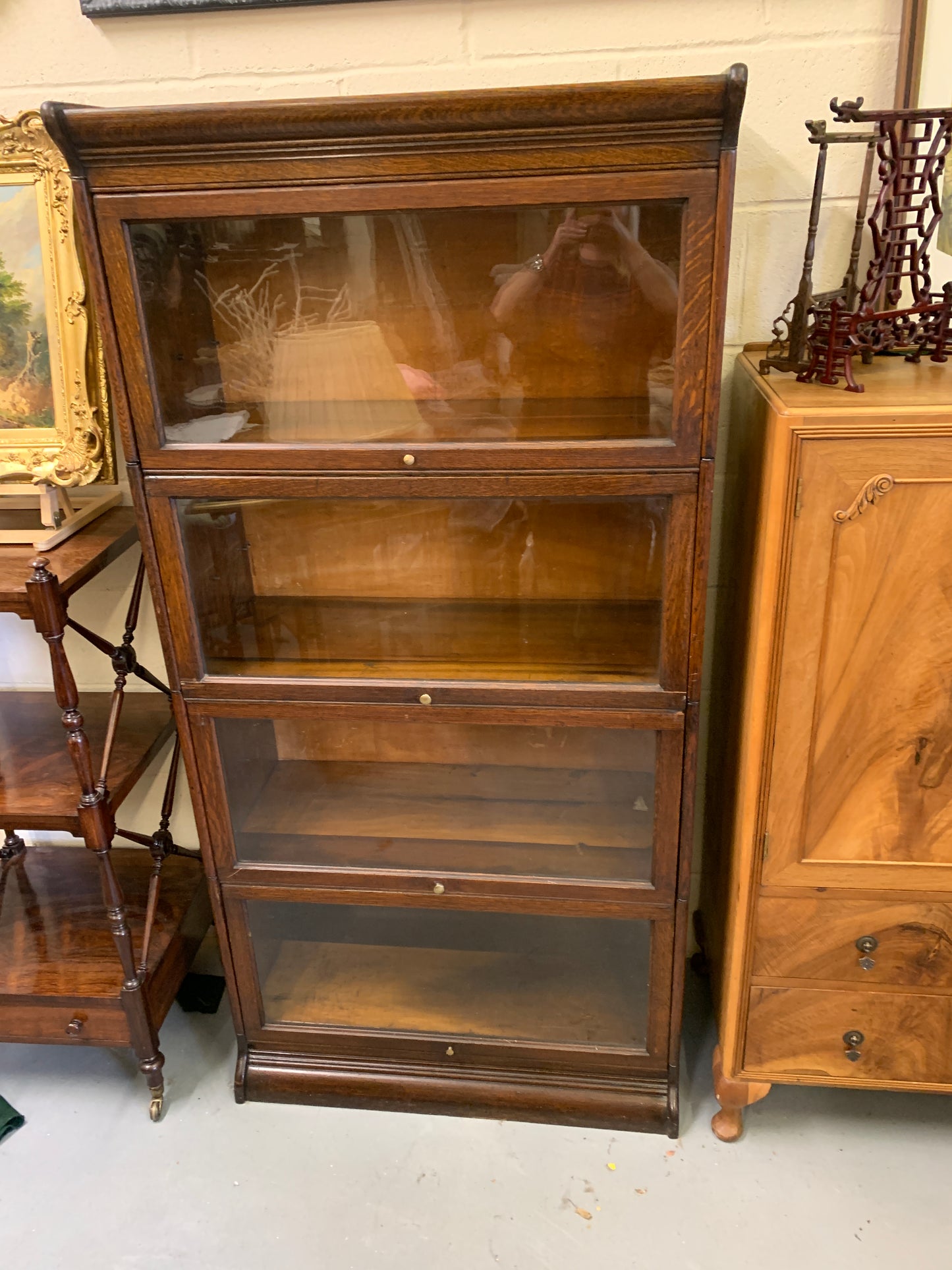 Antique Gunn, Four Stack Waterfall Oak Sectional Barristers Bookcases