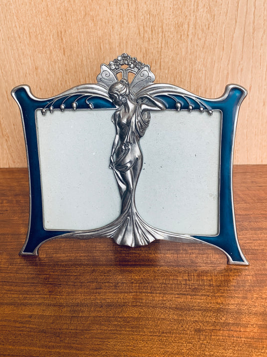 Vintage Art Nouveau Style Enamel Double Photo Frame with Figural Lady
