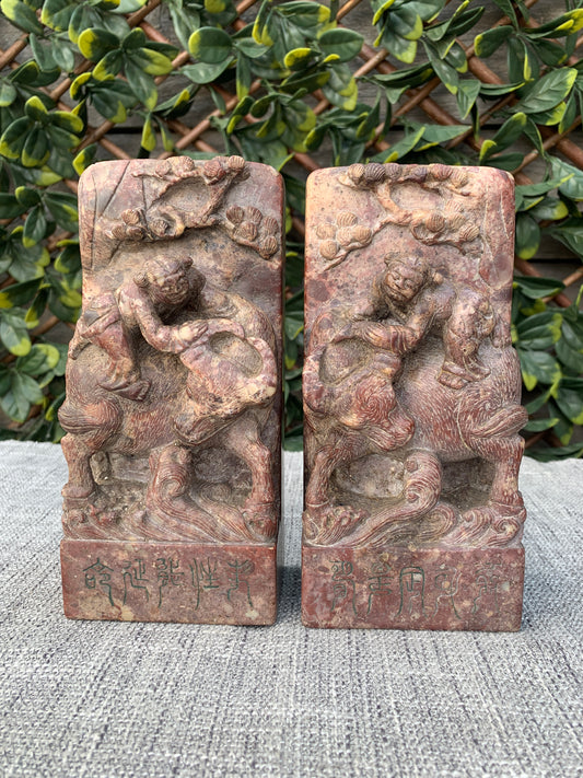 Antique Pair Carved Chinese Soapstone Seals, Statues Figures Upon Water Buffalo, Heavy Chops/Bookends